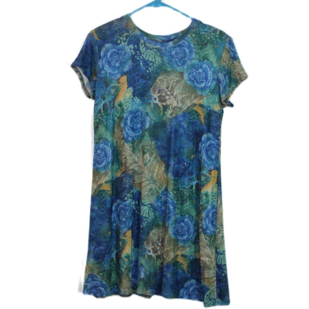 Citi Dress Tee Shirt Style Blue Roses with Sparkles Size 8